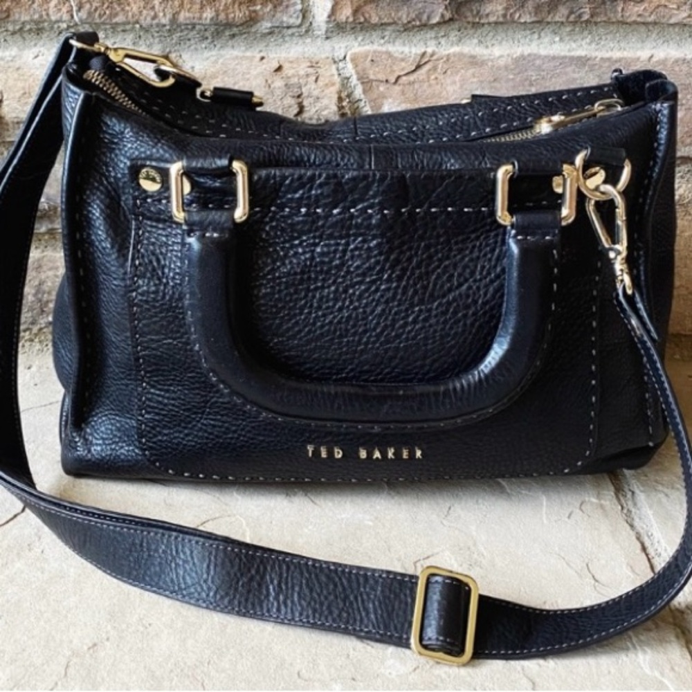 Ted Baker Black Leather Sachtel - Crossbody Bag with Stab Stich & Gold Accents